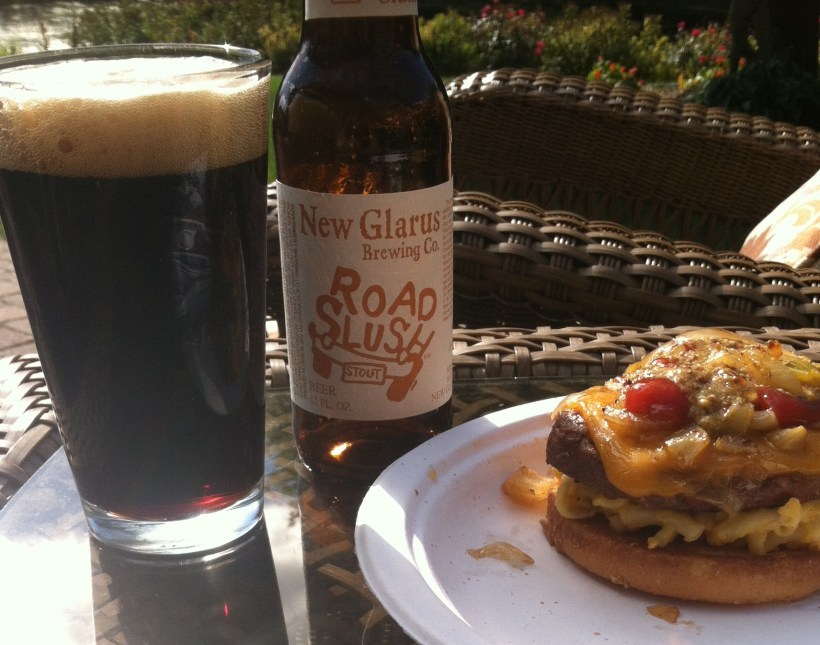Mac-n-cheeseburger enjoyed with a Road Slush Stout from the fine folks at New Glarus Brewing.
